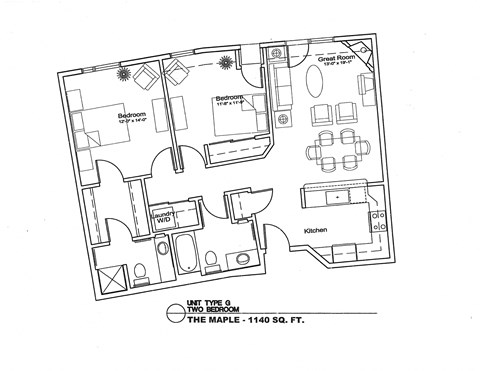 Floor plan for 2 beds, 2 baths, 1058 sqft
